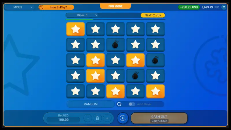 Mines gameplay screenshot — multiplier rising as stars are revealed